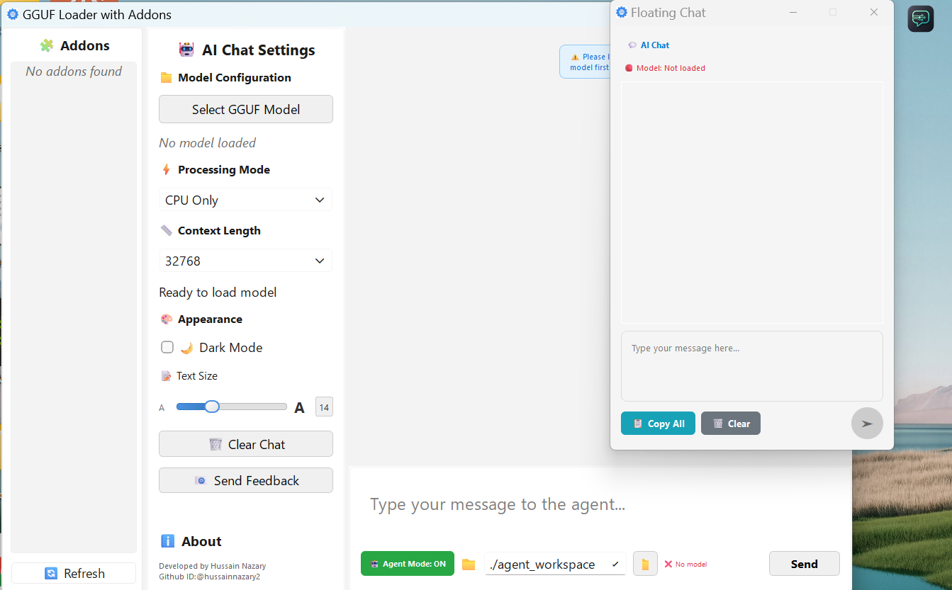 GGUF Loader application interface showing the main window with model loading and chat features