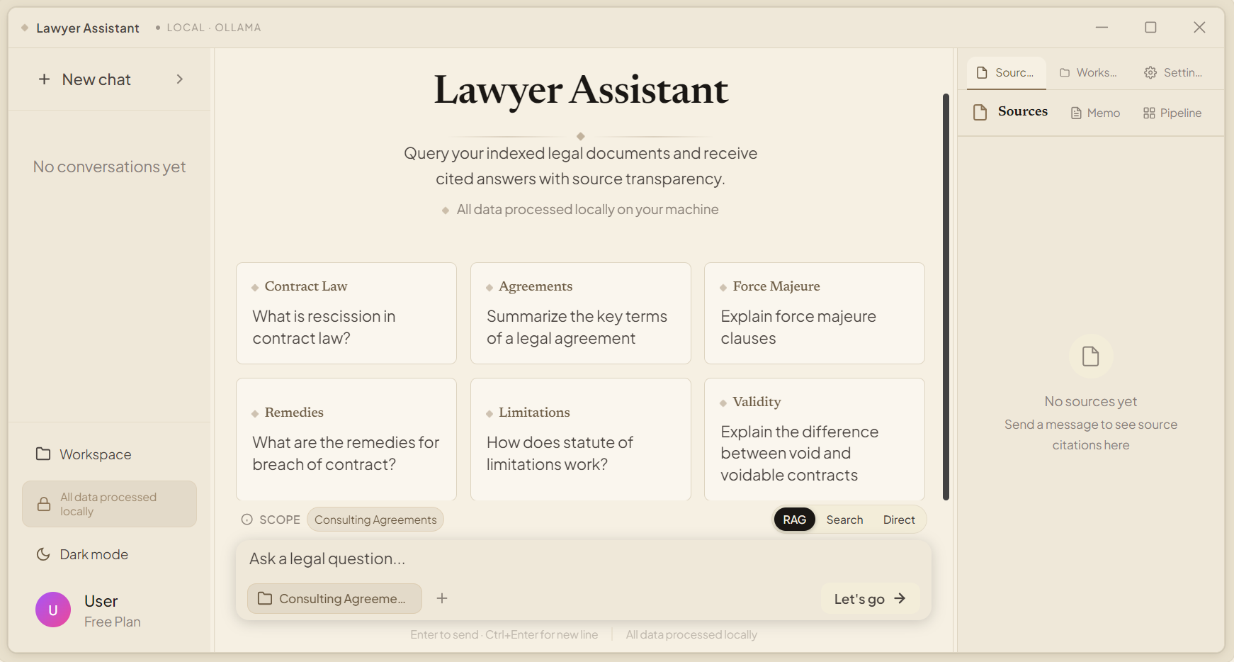 Lawyer Assistant user interface showing a legal research question about a contract with a cited answer and page number