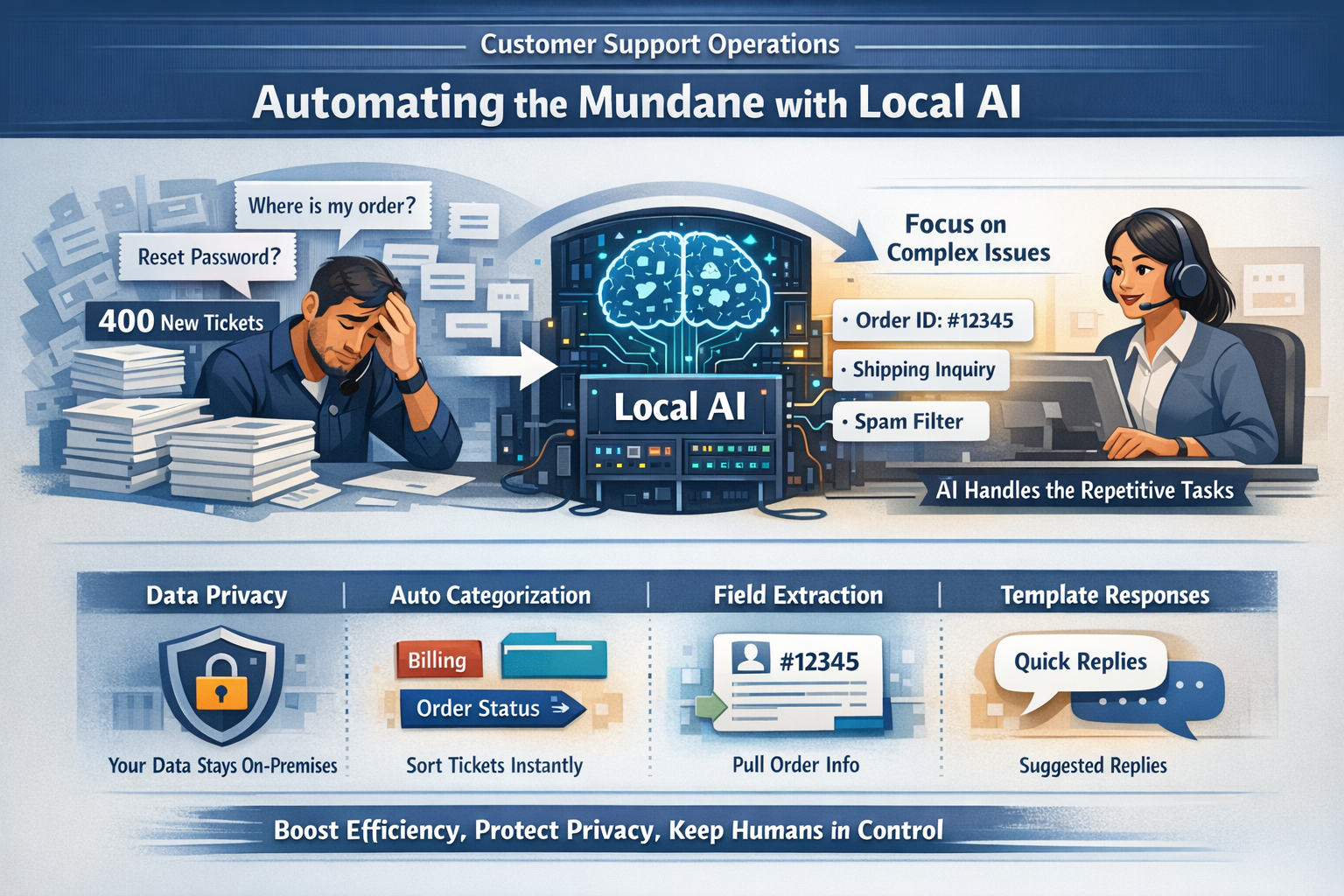 Local AI automating customer support tasks - ticket tagging, response drafting, and FAQ management workflow