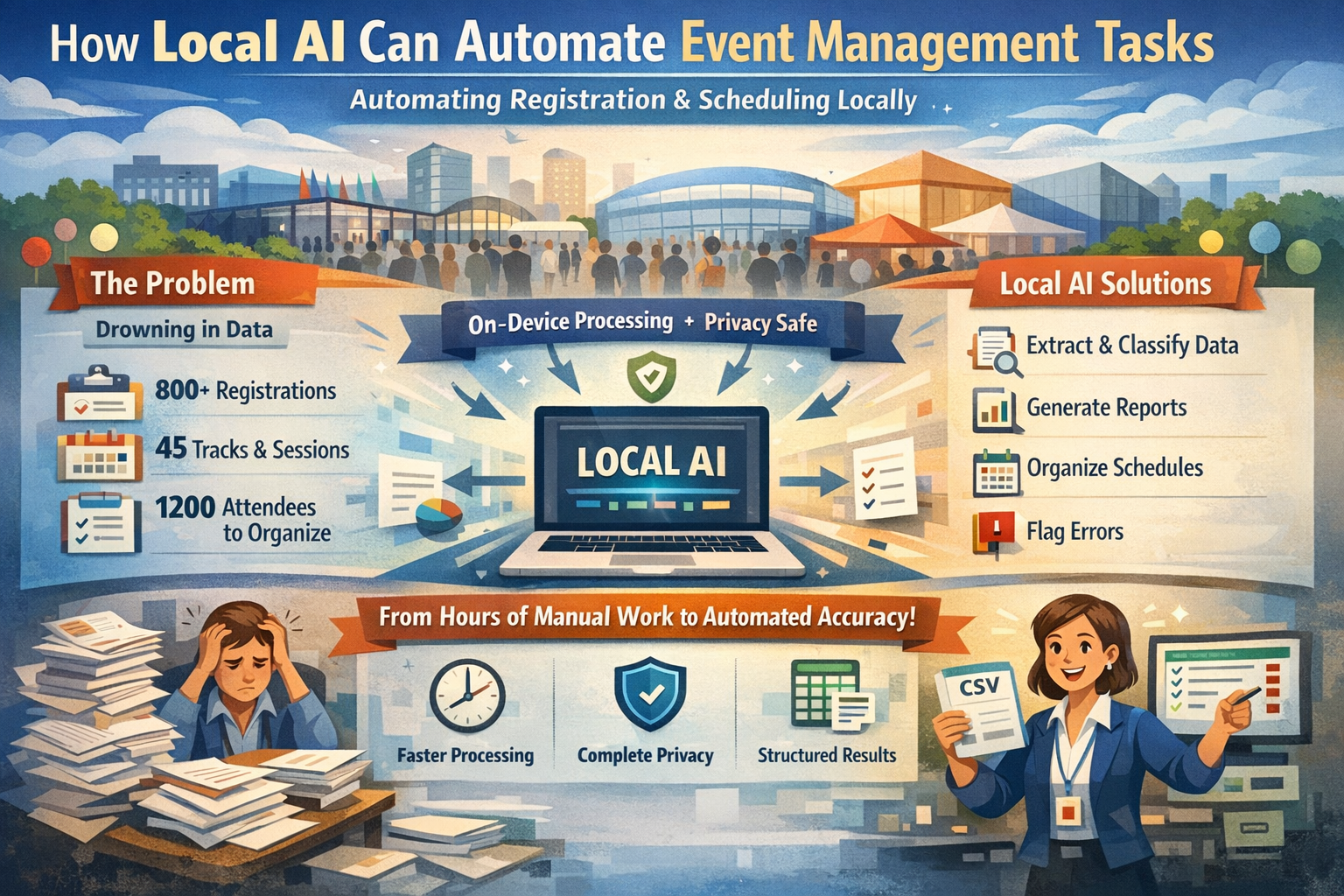 Local AI automating event management tasks - registration processing, attendee data management, and scheduling workflow