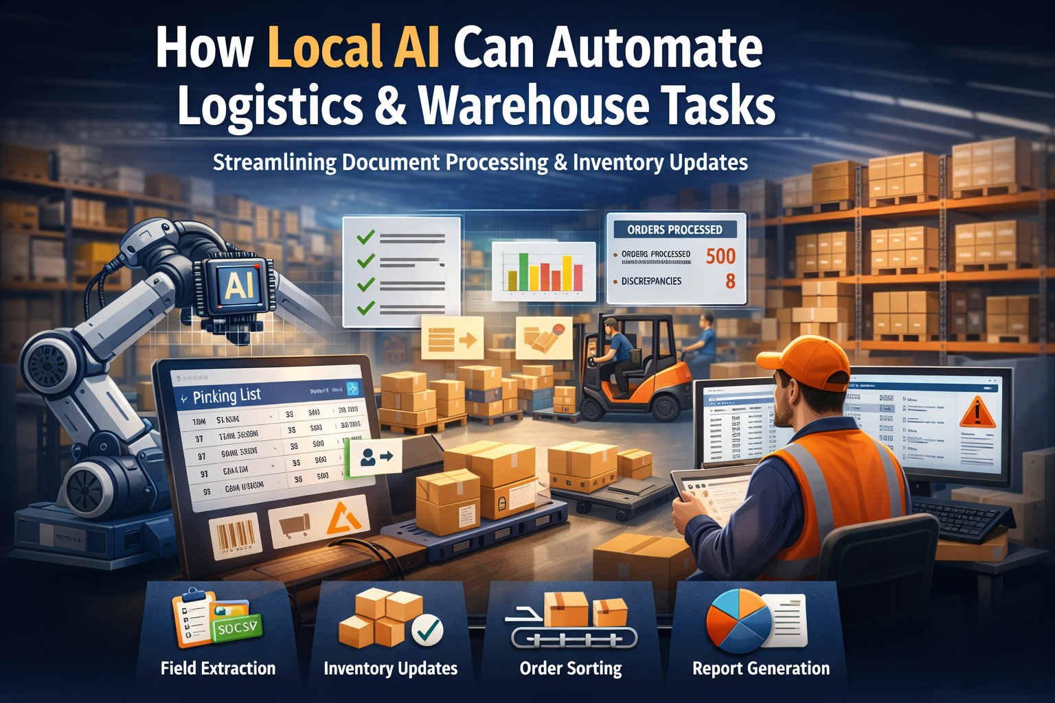 Local AI automating logistics and warehouse tasks - shipment tracking, inventory processing, and order management workflow