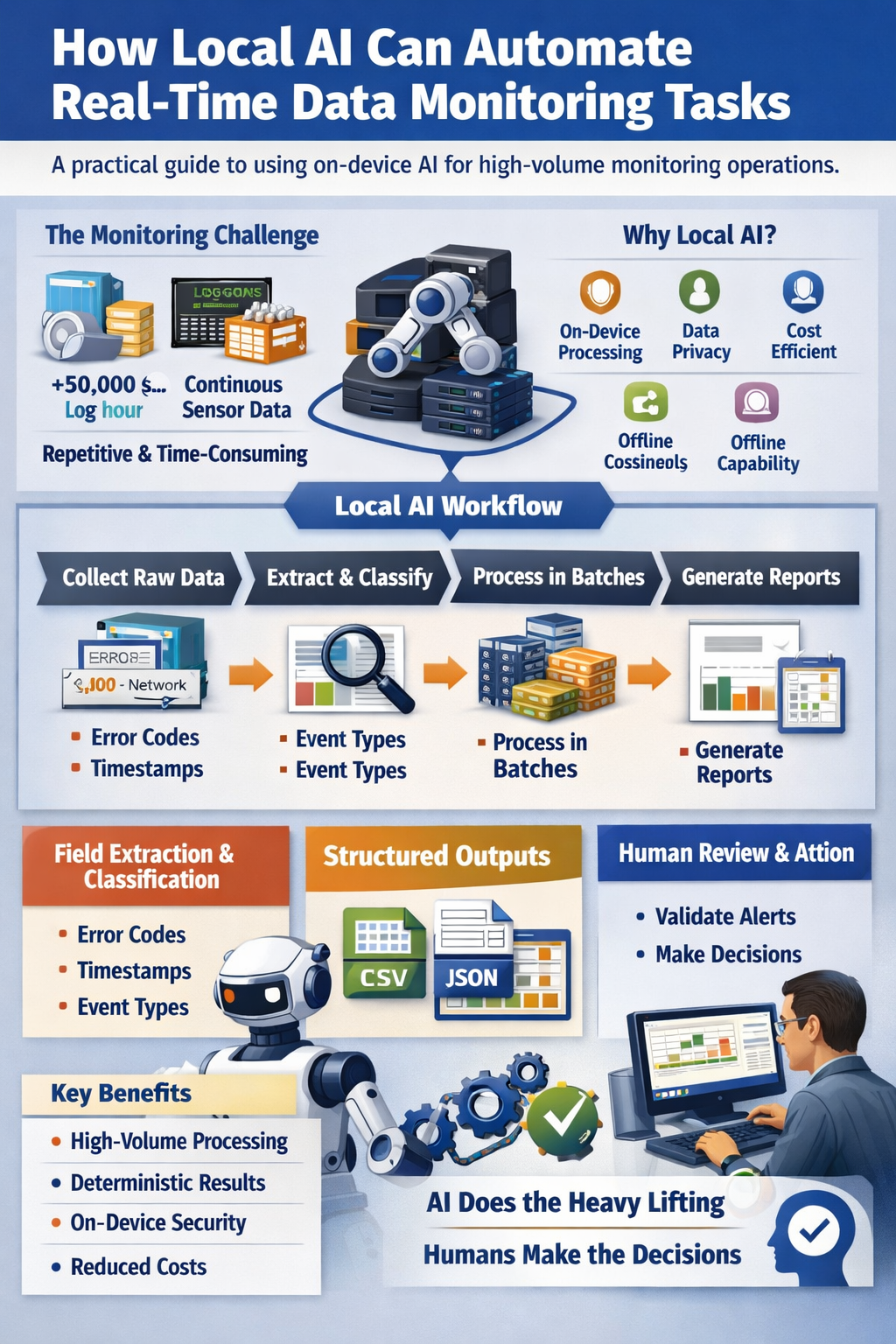 Local AI automating real-time monitoring tasks - data stream processing, alert management, and anomaly detection workflow